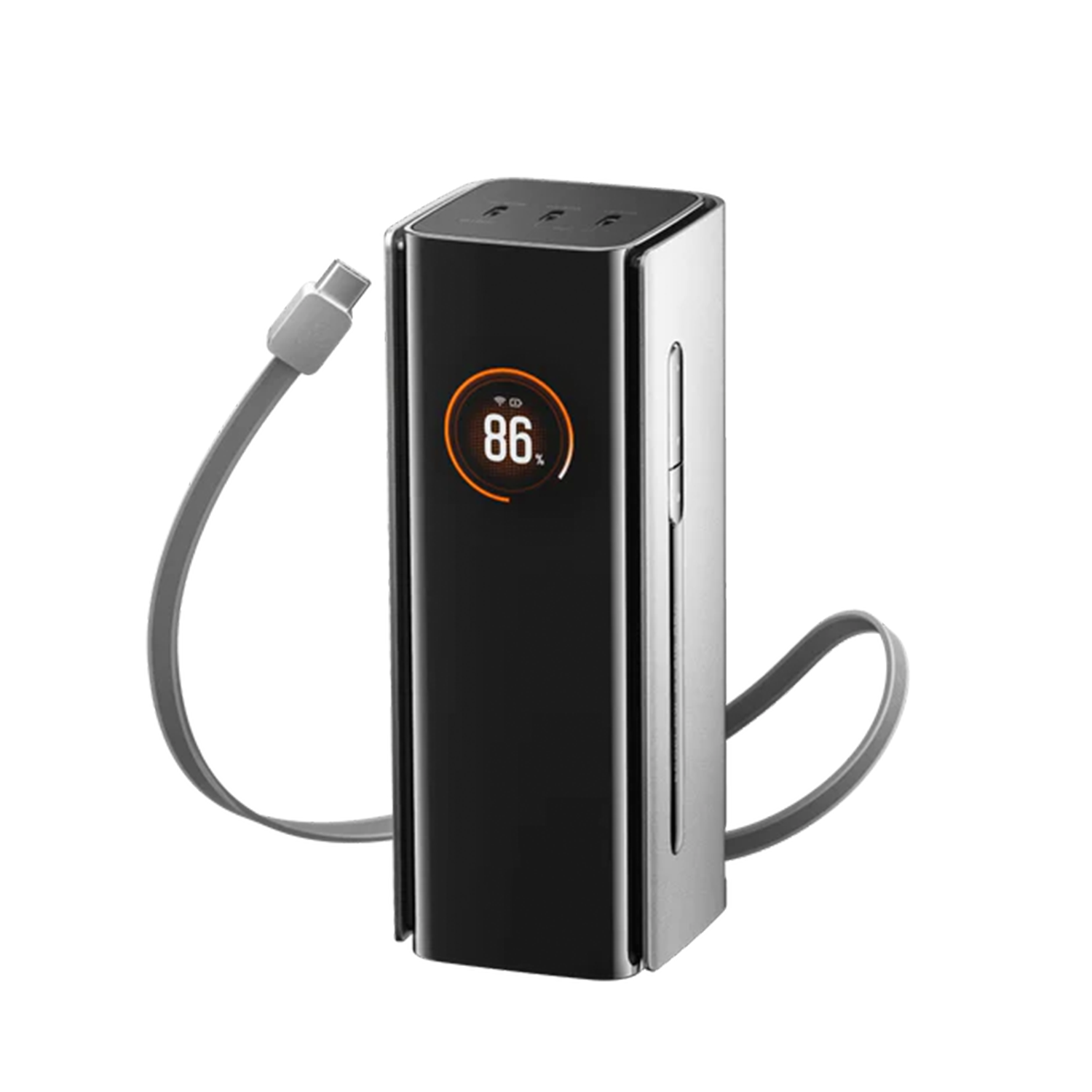 Vertical High Output Power Storage Unit, Multi-Port Portable Charger With Retractable Connecting Cord And Digital Display