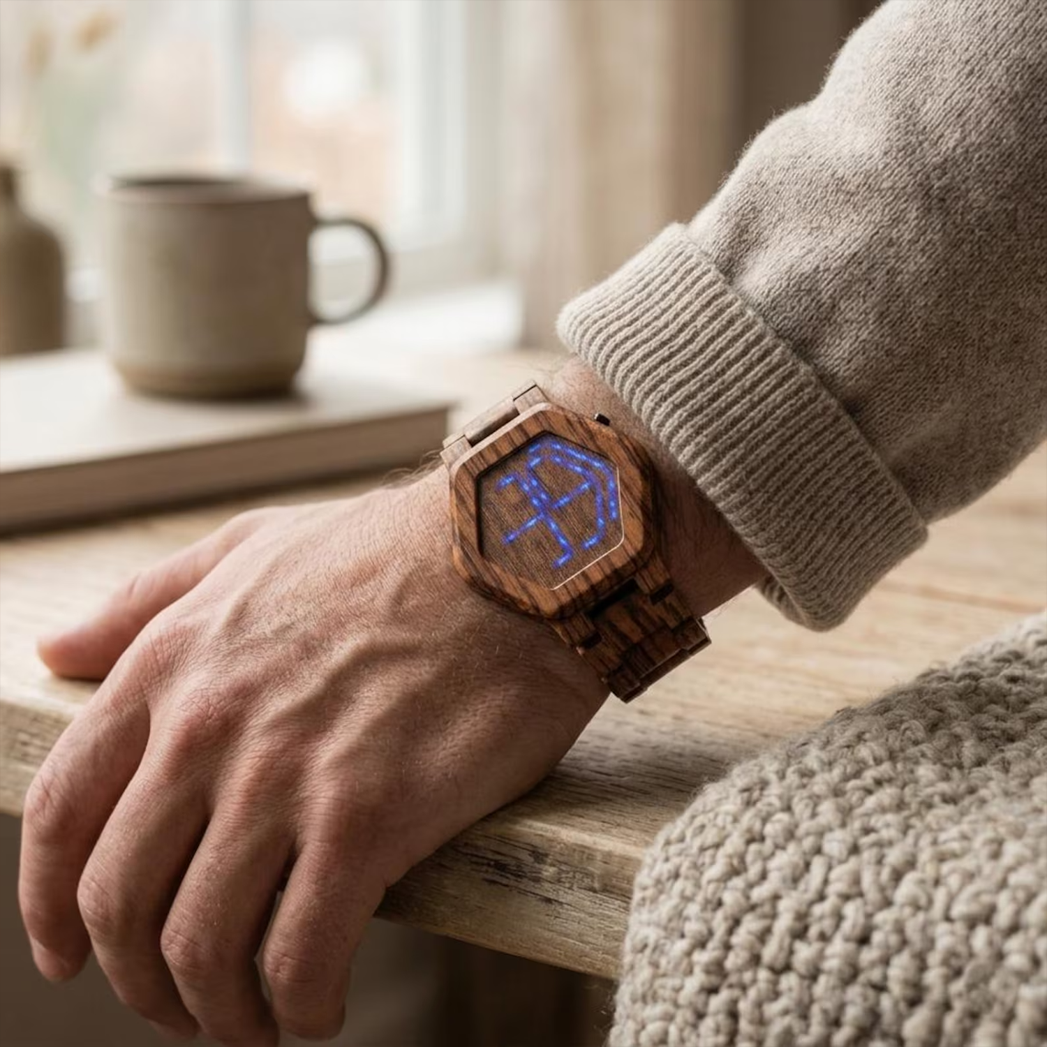 Hexagonal Framed LED Wrist Timepiece, Touch Activated Digital Watch With Interlocking Link Band