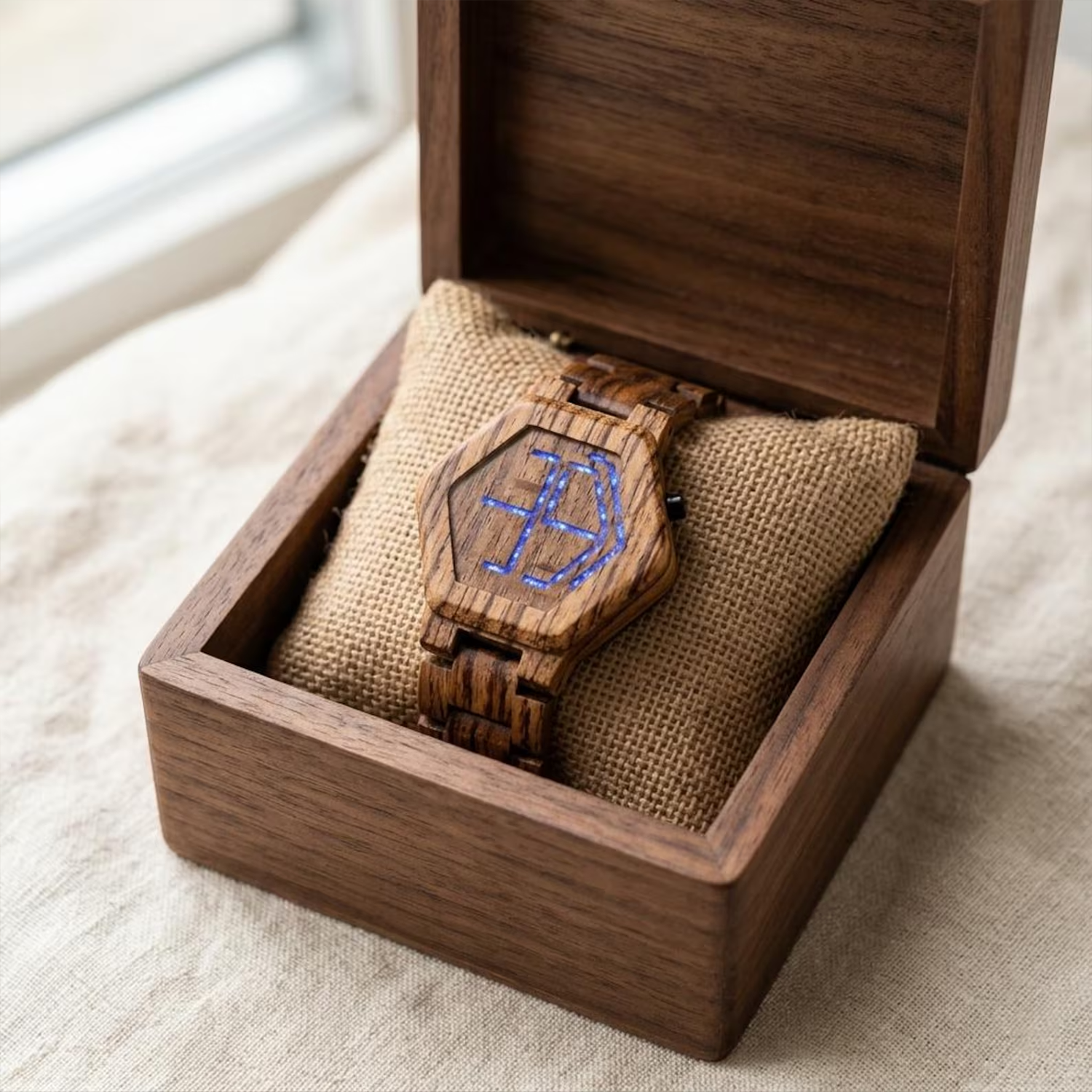 Hexagonal Framed LED Wrist Timepiece, Touch Activated Digital Watch With Interlocking Link Band