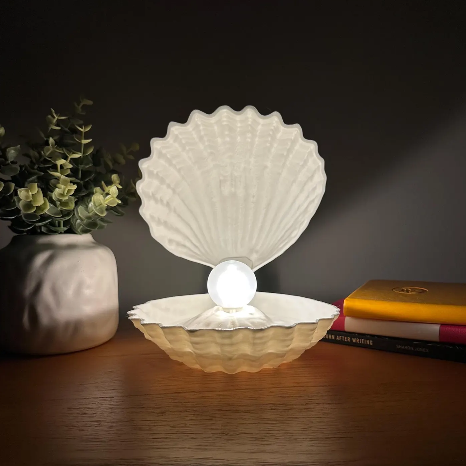 Hinged Seashell Shaped Table Luminary, Adjustable Ambient Night Lamp With Central Sphere Light Source