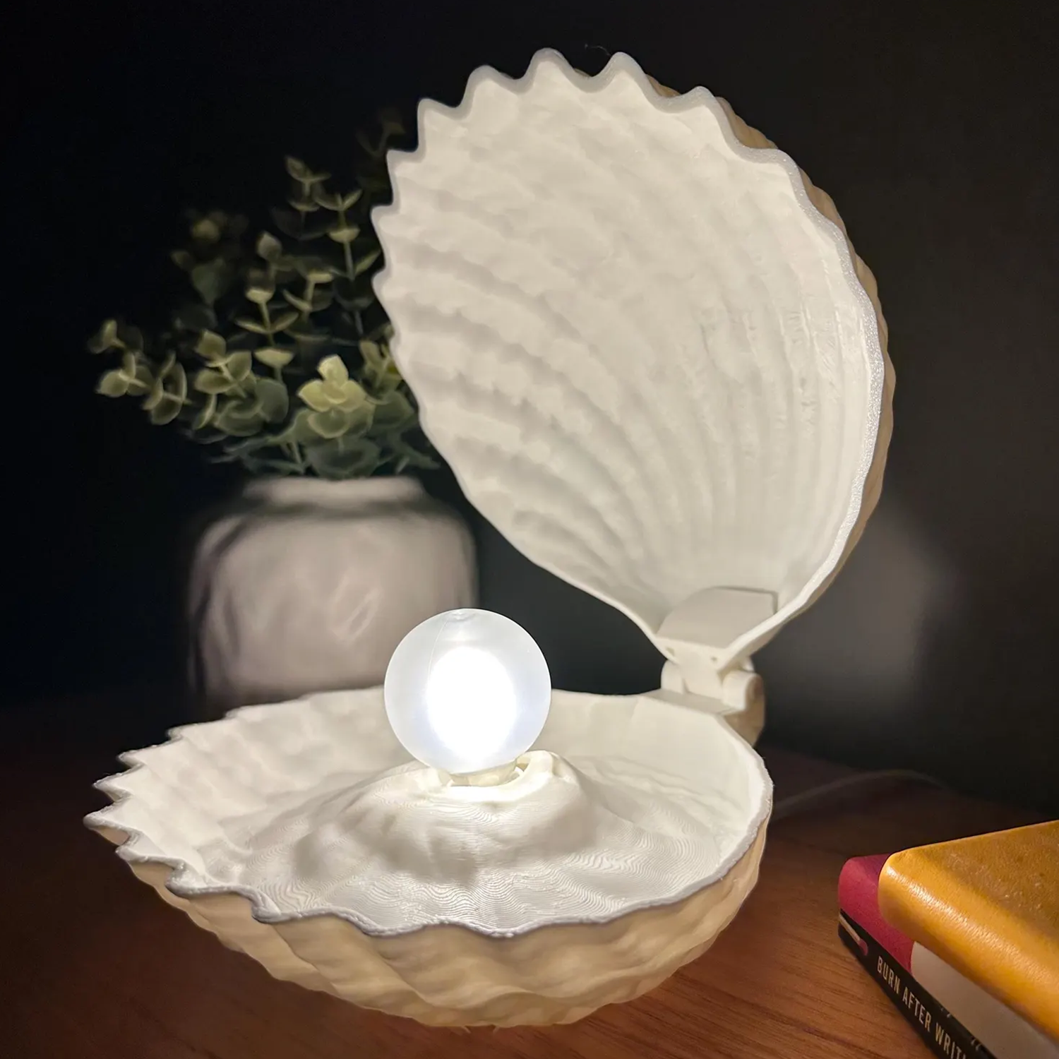 Hinged Seashell Shaped Table Luminary, Adjustable Ambient Night Lamp With Central Sphere Light Source