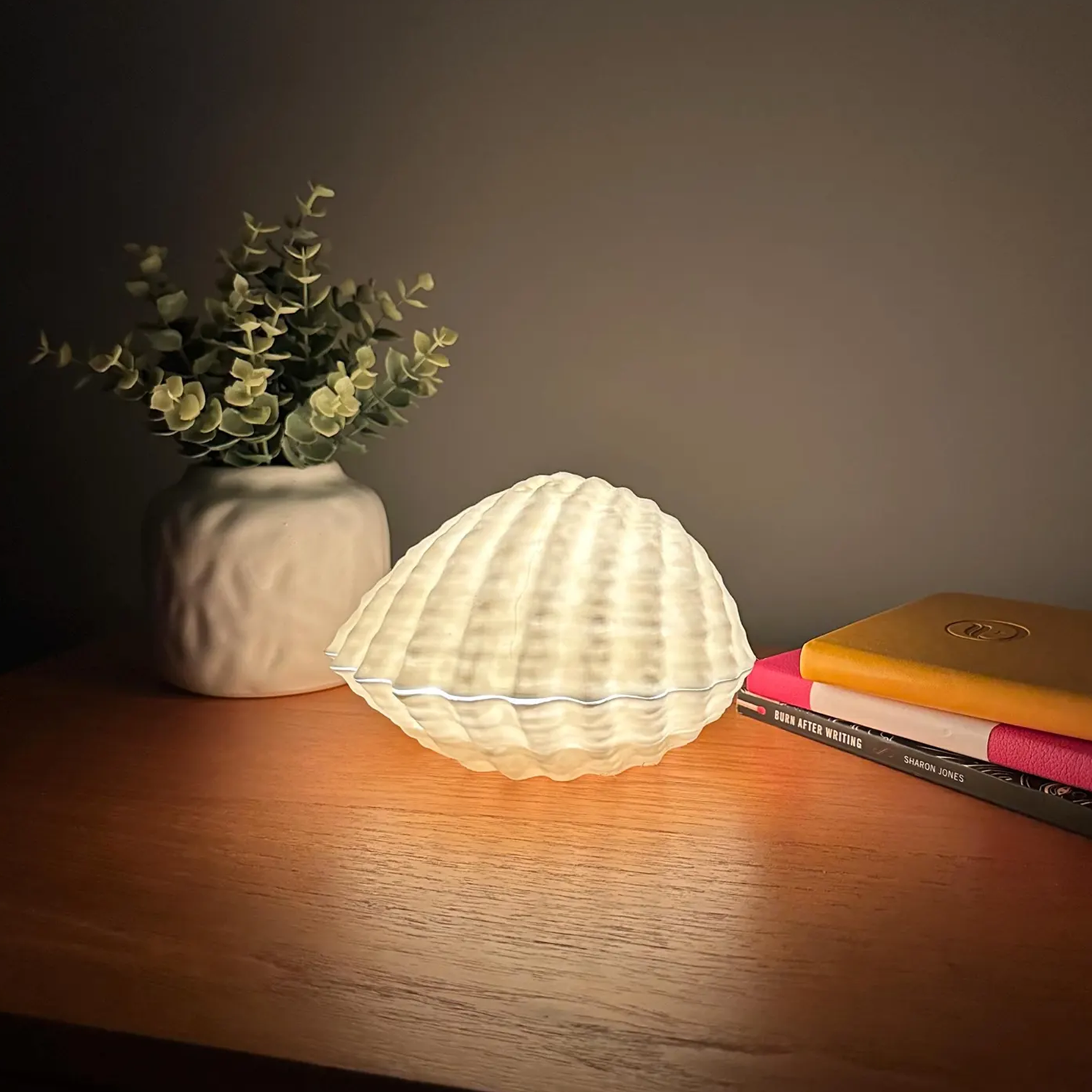 Hinged Seashell Shaped Table Luminary, Adjustable Ambient Night Lamp With Central Sphere Light Source